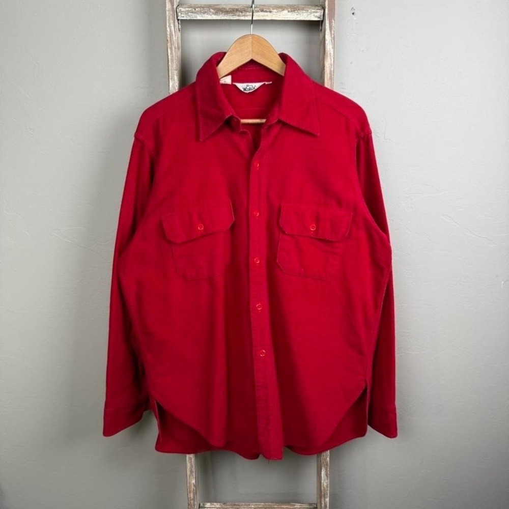 Vintage 70s Woolrich Cotton Longsleeve Red Button Shirt‎ XL, USA